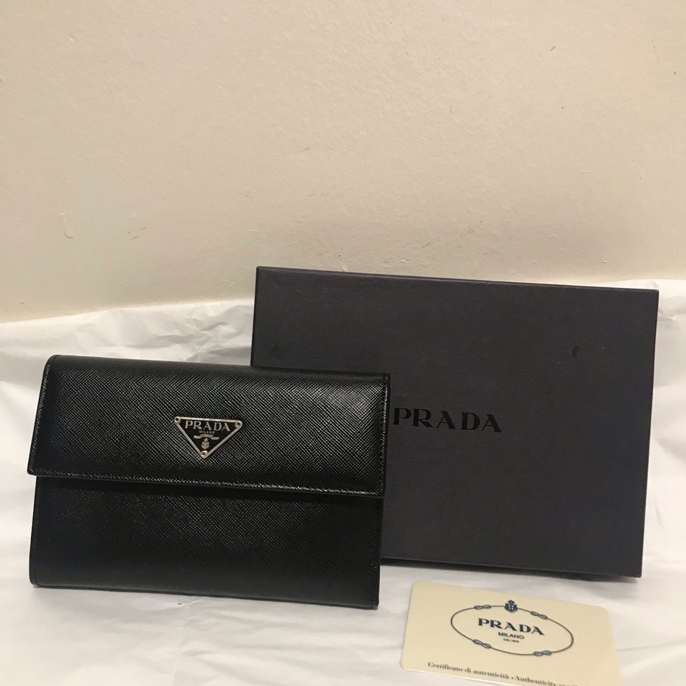 PRADA Black Saffiano Leather Trifold Wallet